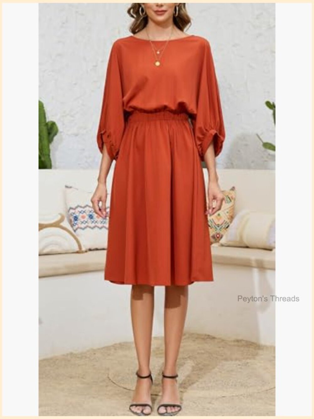 Crew Neck 3/4 Lantern Sleeve Casual Loose Summer Midi Dress - Picture 3 of 5